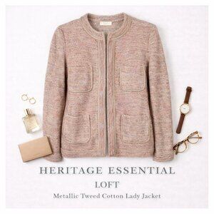 LOFT Metallic Tweed Cotton Lady Jacket | Pink & Tan Marled Knit | Preppy Size M